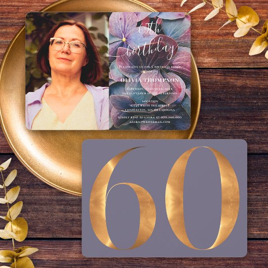 Invitation Gold Purple Blue Hydrangeas 60e anniversaire Photo