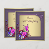 Invitation Gold Purple Butterfly Womans 50e fête d'anniversai (Devant / Derrière)