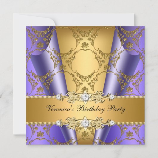 Invitation Gold Purple Damask Floral Élégante fête d'annivers (Devant)