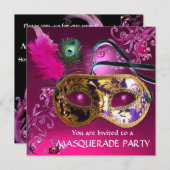 Invitation GOLD PURPLE FEATHER DAMASK MASK Masquerade Party (Devant / Derrière)