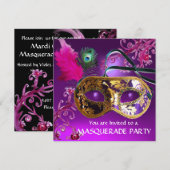 Invitation GOLD PURPLE FEATHER DAMASK MASK Masquerade Party (Devant / Derrière)