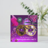 Invitation GOLD PURPLE FEATHER DAMASK MASK Masquerade Party (Debout devant)