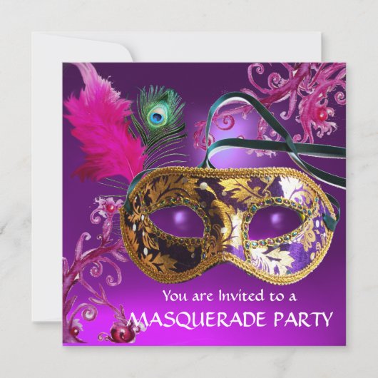 Invitation GOLD PURPLE FEATHER DAMASK MASK Masquerade Party (Devant)