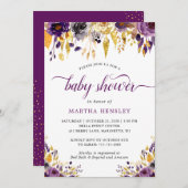 Invitation Gold Purple Floral moderne Script Baby shower fill (Devant / Derrière)