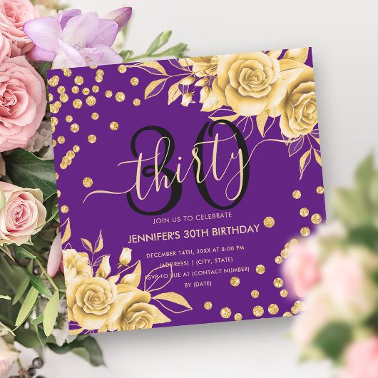 Invitation Gold Purple Floral Parties scintillant 30e Anniver