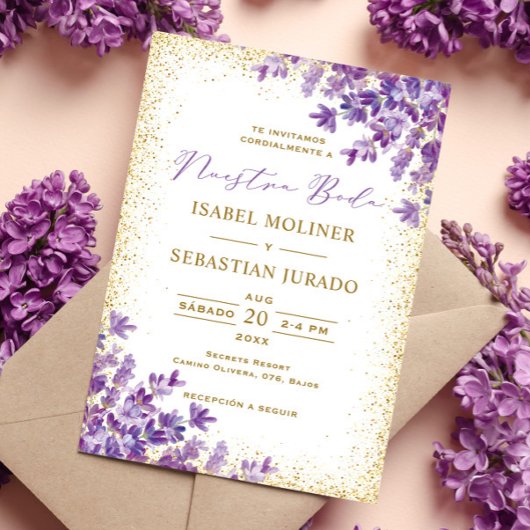 Invitation Gold Purple Lavender Nuestra Boda Mariage espagnol