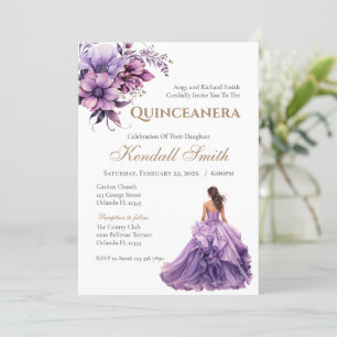 Invitation Gold Purple Lilac Floral Princess Quinceanera