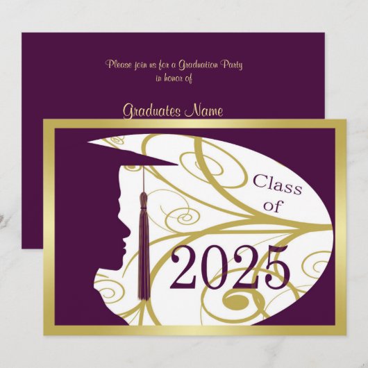 Invitation Gold/Purple Man Silhouette 2025 Graduation Party (Devant / Derrière)