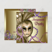 Invitation Gold Purple Mardi Gras perles Masquerade Party (Devant / Derrière)