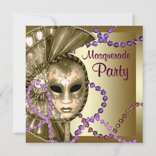 Invitation Gold Purple Mardi Gras perles Masquerade Party (Devant)