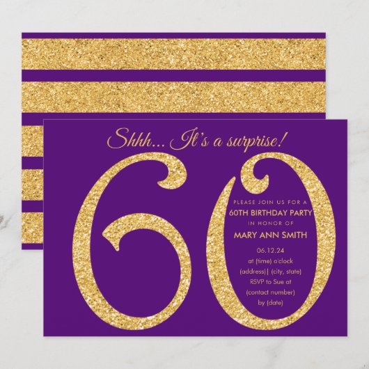 Invitation Gold Purple Parties scintillant Surprise 60e fête  (Devant / Derrière)