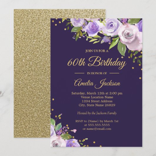 Invitation Gold Purple Sparkle Floral 60e anniversaire Invita (Devant / Derrière)