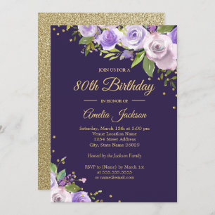 Invitation Gold Purple Sparkle Floral 80e anniversaire Invita