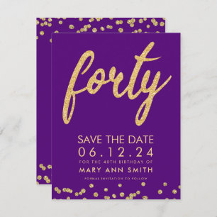 Invitation Gold Purple Type 40th Birthday Save Date Confetti