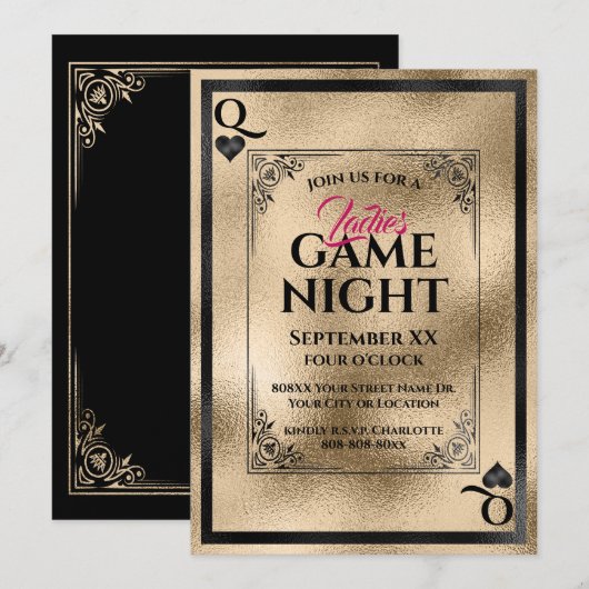 Invitation Gold Queen of Hearts Ladies Game Night (Devant / Derrière)