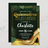 Invitation Gold Quinceanera Celebration Emerald Green (Devant / Derrière)
