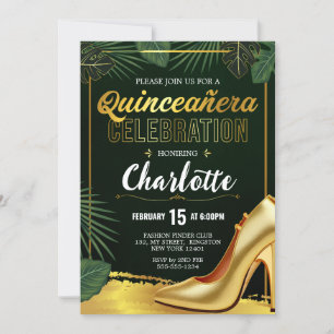 Invitation Gold Quinceanera Celebration Emerald Green