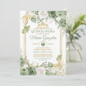 Invitation Gold Quinceañera Sage Green Crown Butterfly (Debout devant)