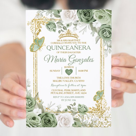 Invitation Gold Quinceañera Sage Green Crown Butterfly
