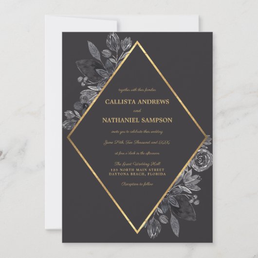 Invitation Gold Raven Black Floral Diamond Frame Mariage (Devant)