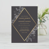 Invitation Gold Raven Black Floral Diamond Frame Mariage (Debout devant)