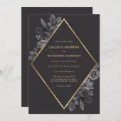 Invitation Gold Raven Black Floral Diamond Frame Mariage (Devant / Derrière)