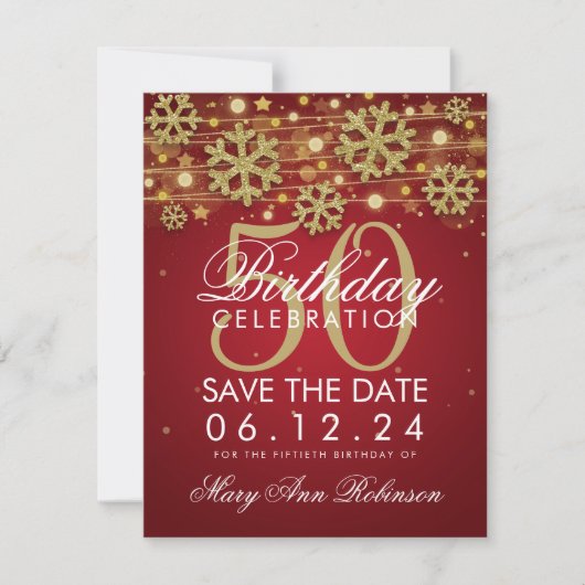 Invitation Gold Red 50th Birthday Save Date Winter (Devant)