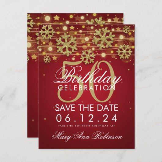 Invitation Gold Red 50th Birthday Save Date Winter (Devant / Derrière)