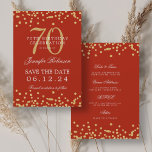 Invitation Gold Red 70th Birthday Enregistrer la date Détails<br><div class="desc">Elégant design "70th Birthday Party" avec faux confettis de parties scintillant & détails texte. Facile à utiliser et facile à personnaliser. Commandez aujourd'hui !</div>