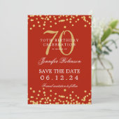 Invitation Gold Red 70th Birthday Save Date Confetti (Debout devant)