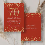 Invitation Gold Red 70th Birthday Save Date Confetti<br><div class="desc">Elégant design "70th Birthday Party" avec faux confetti de parties scintillant et texte de détails. Facile à utiliser et facile à personnaliser. Commandez aujourd'hui !</div>