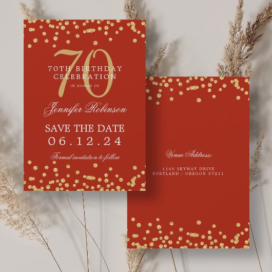 Invitation Gold Red 70th Birthday Save Date Confetti