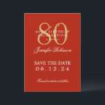 Invitation Gold Red 80th Birthday Enregistrer la date<br><div class="desc">Design élégant "80th Birthday Party" avec un script de typographie formel,  nom personnalisé et texte détaillé. Facile à utiliser et facile à personnaliser. Commandez aujourd'hui !</div>