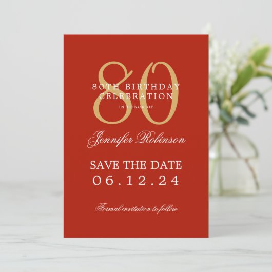 Invitation Gold Red 80th Birthday Enregistrer la date Détails (Debout devant)
