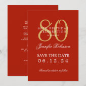 Invitation Gold Red 80th Birthday Enregistrer la date Détails (Devant / Derrière)