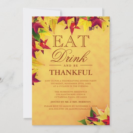 Invitation Gold Red Autumn quitte Thanksgiving Dinner Party (Devant)