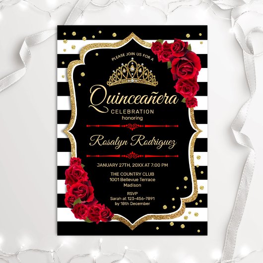 Invitation Gold Red Black White Stripes Quinceanera