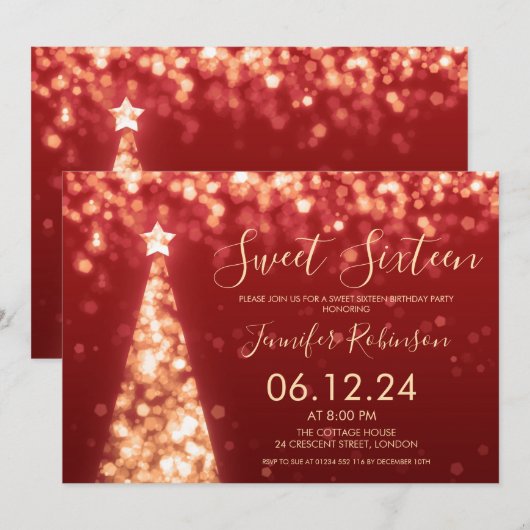 Invitation Gold & Red Christmas Sweet 16 Party (Devant / Derrière)