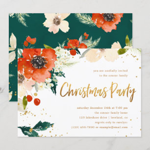 Invitation Gold & Red Classic, Fête de Noël Florale moderne