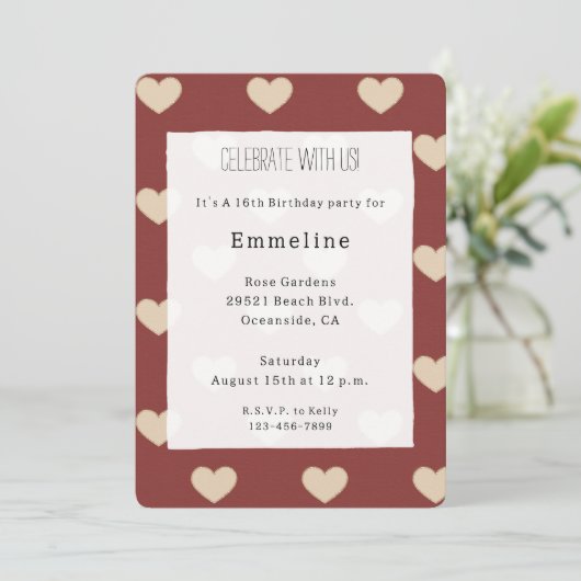 Invitation Gold Red Cream Glitter Hearts Birthday (Debout devant)