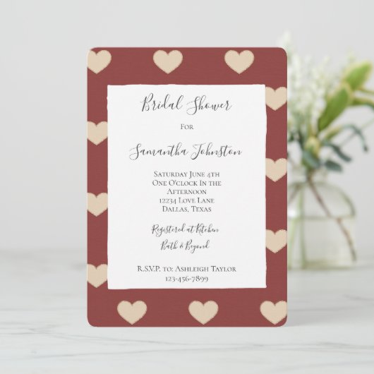 Invitation Gold Red Cream Glitter Hearts Bridal Shower (Debout devant)