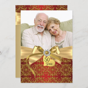 Invitation Gold Red Damask & Bow Photo 50th Anniversary
