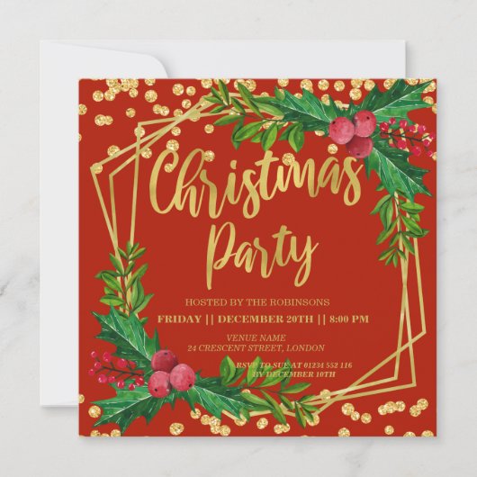 Invitation Gold Red Festive Holly Parties scintillant Noël (Devant)