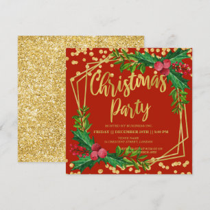 Invitation Gold Red Floral Holly Parties scintillant Noël Ent