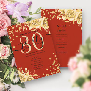 Invitation Gold Red Floral Parties scintillant 30th Birthday