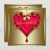 Invitation Gold Red Heart Sweet 16 Anniversaire (Devant / Derrière)