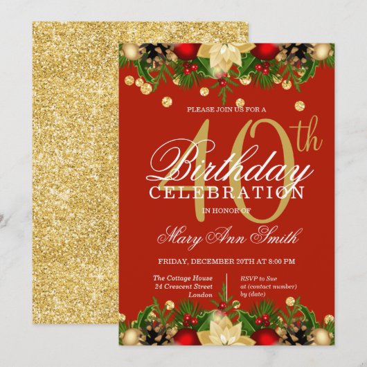 Invitation Gold & Red Holiday Parties scintillant 40th Birthd (Devant / Derrière)