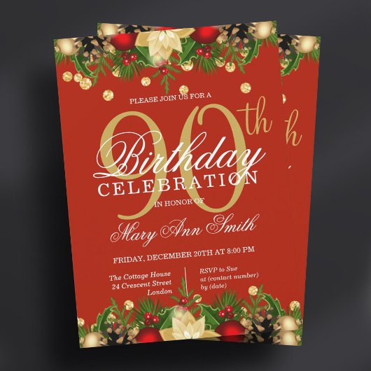 Invitation Gold & Red Holiday Parties scintillant 90e fête d'