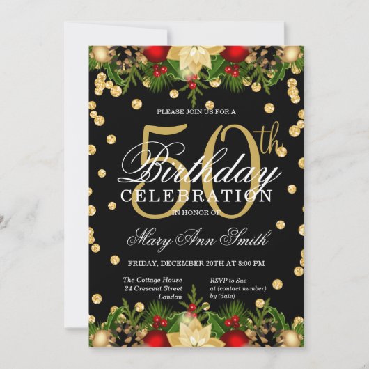 Invitation Gold & Red Holiday Parties scintillant Glam 50e an (Devant)