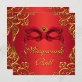 Invitation Gold Red Mask Red Masquerade Party (Devant / Derrière)
